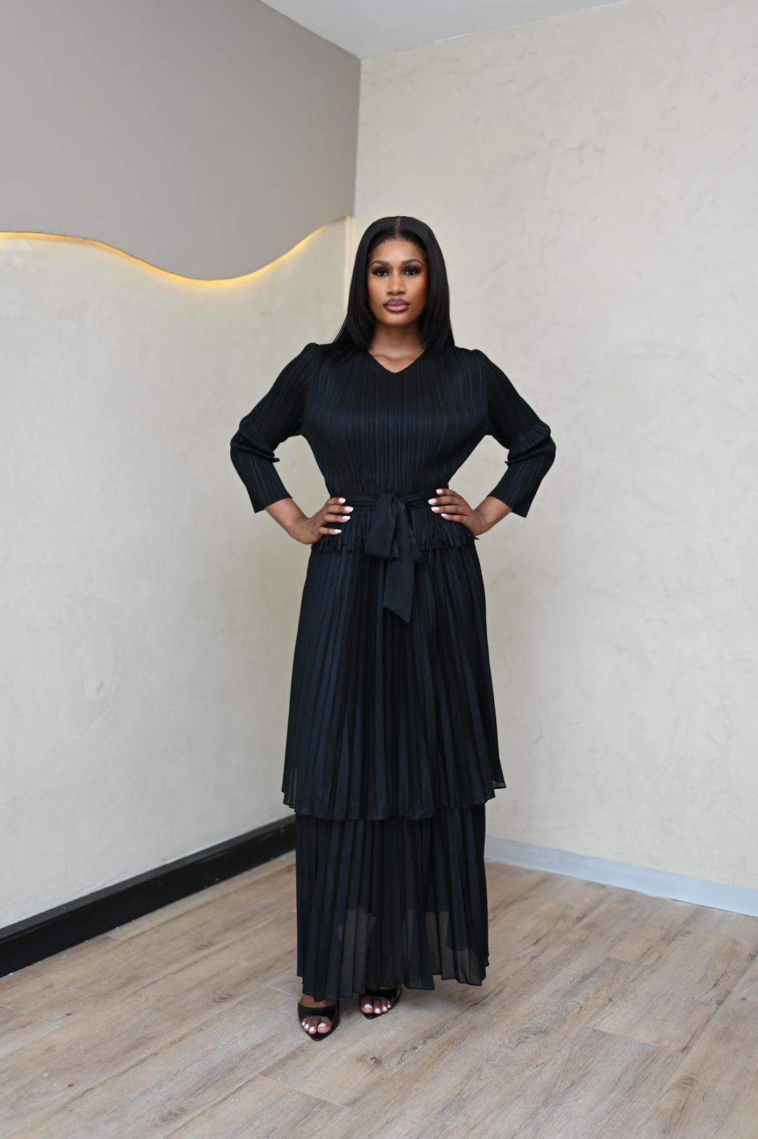 Verdant Whisper Tiered Set in black, front view with tie waist