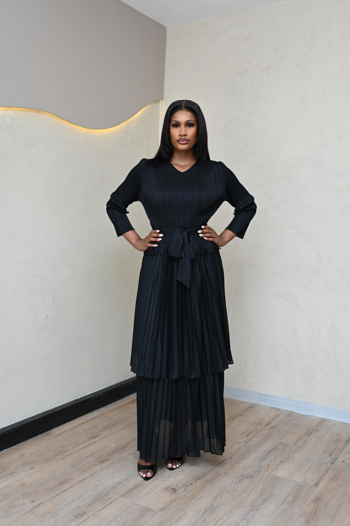 Verdant Whisper Tiered Set in black, front view with tie waist