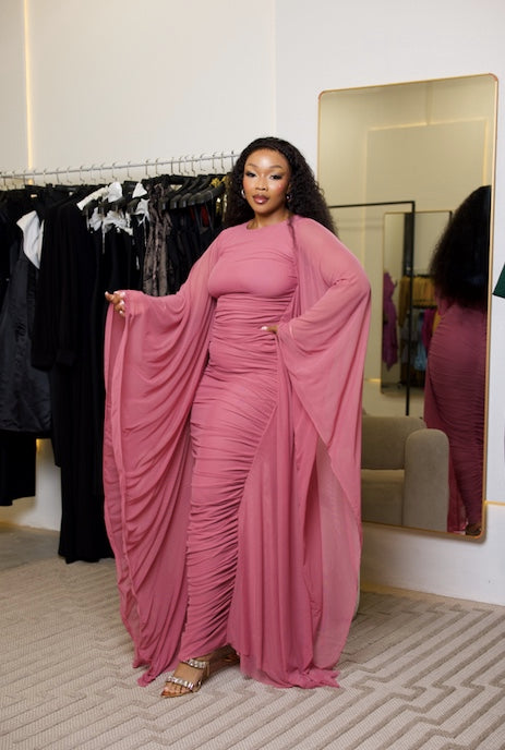 The Rosewood Ruched Cape Gown