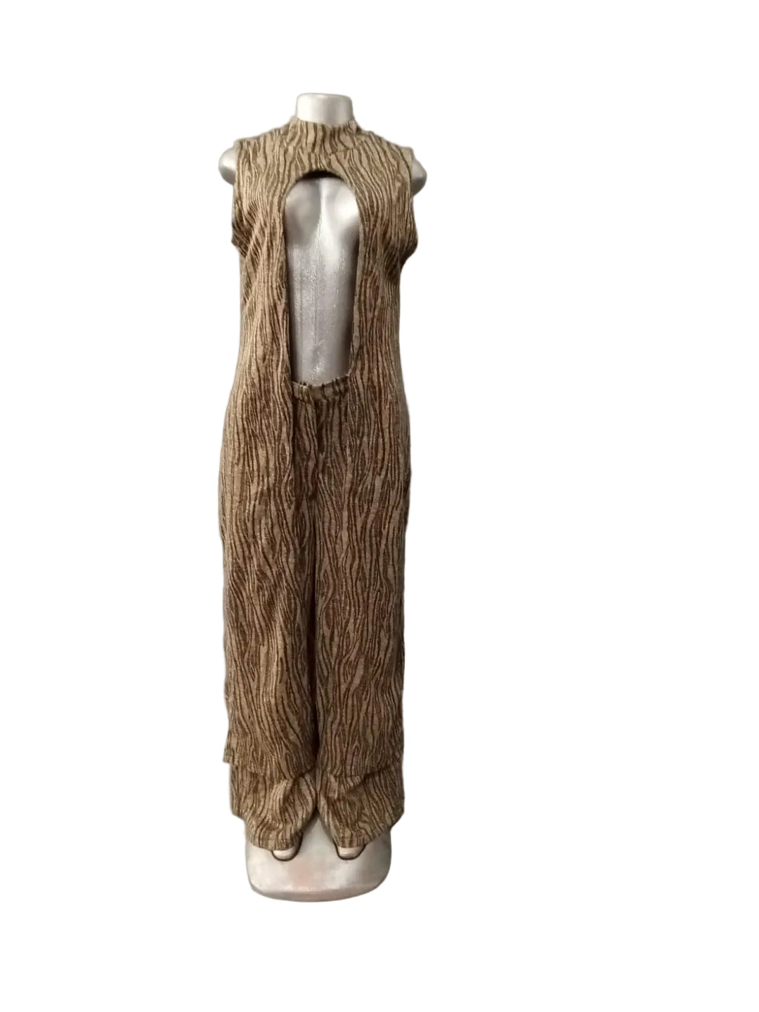 Jasmine Décolleté Celestial two-piece, sleeveless cutout top and wide-leg trousers in earthy bark print - 5th Ave Fashion