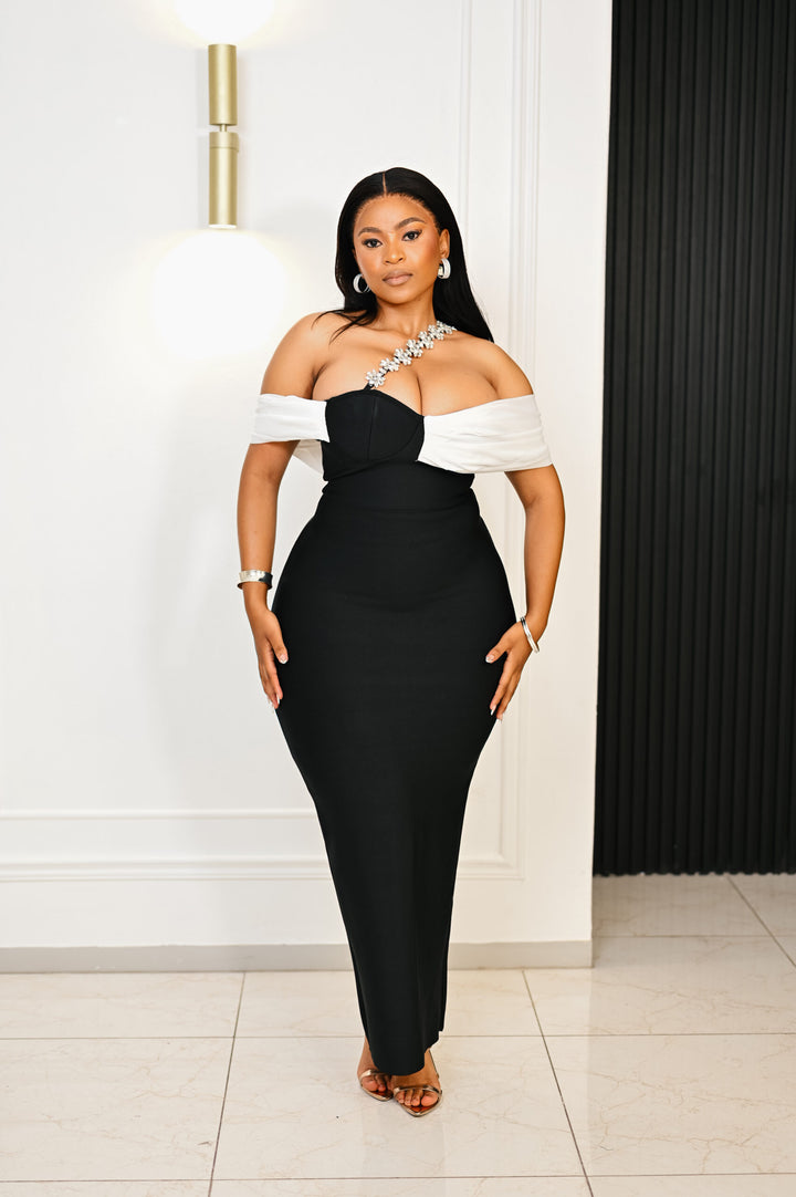 Midnight Swan Off-The-Shoulder Dress