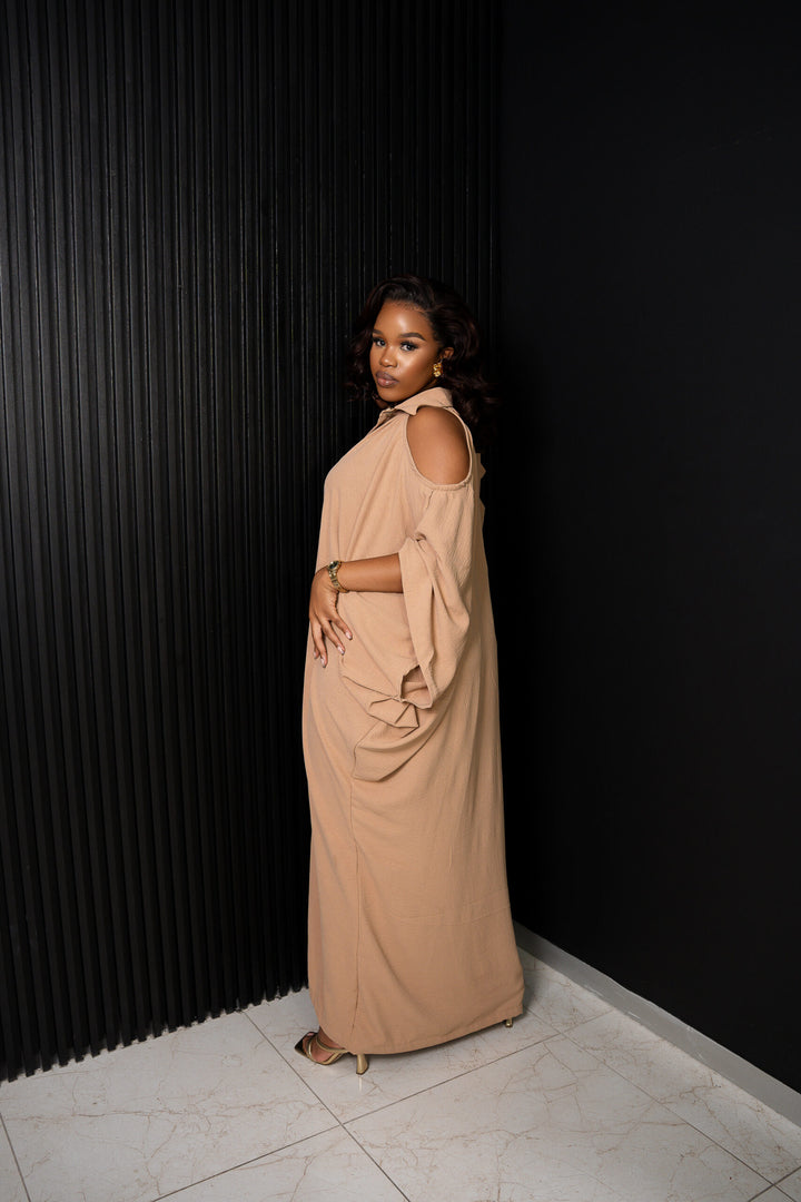 Caramel Brown Open Shoulder Collar Dress