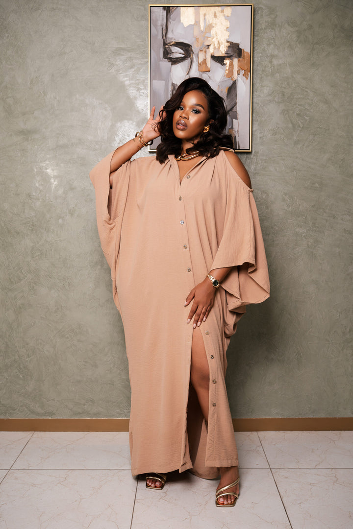 Caramel Brown Open Shoulder Collar Dress