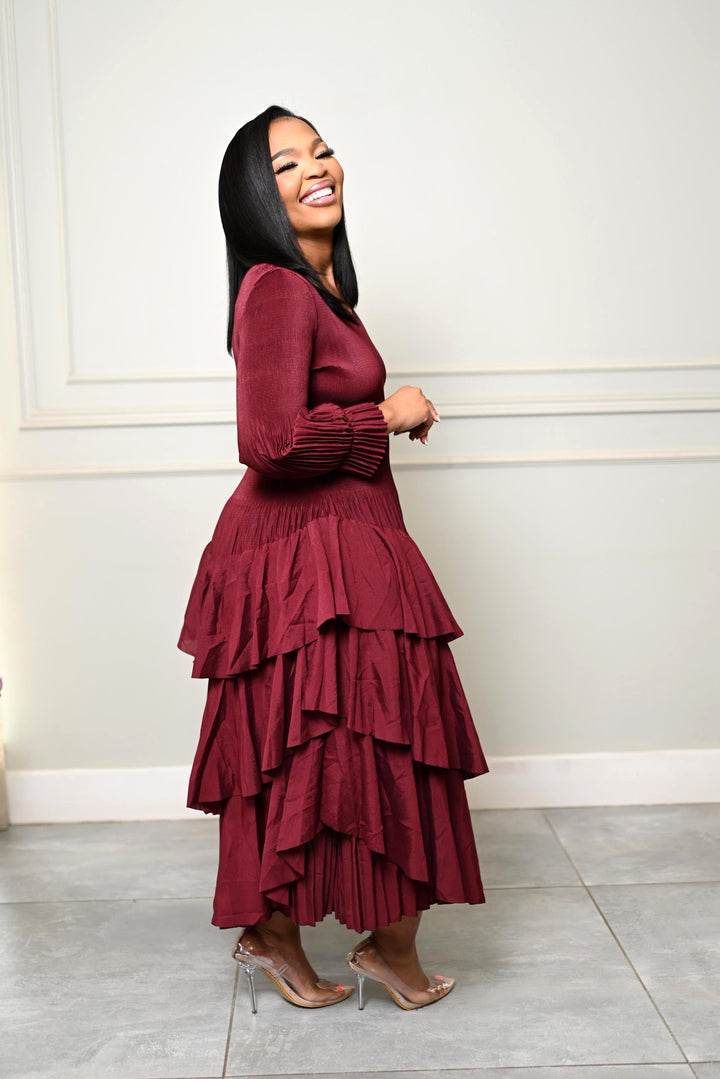 The Merlot Cascade Dress, side view showing the tiered ruffle skirt