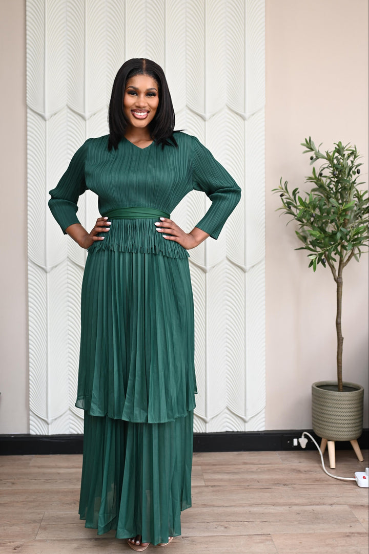 Verdant Whisper Tiered Set in emerald, full-length front view with tie waist