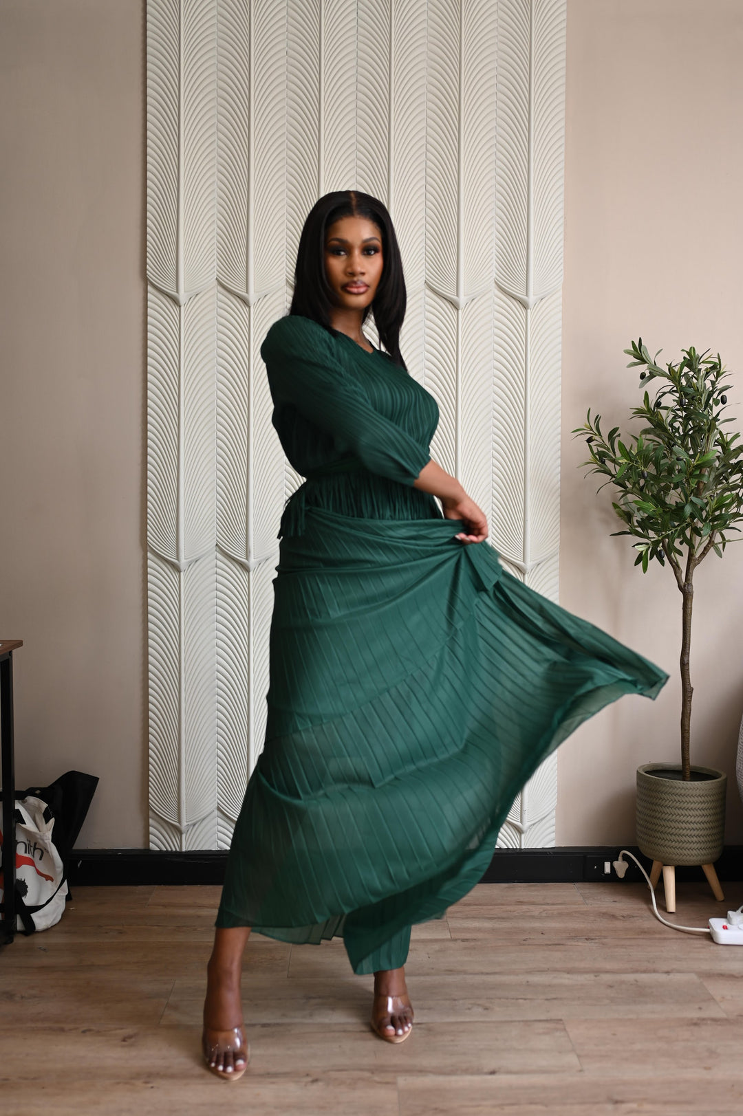 Verdant Whisper Tiered Set in emerald, skirt in motion