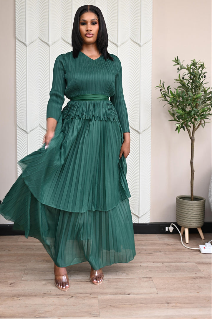 Verdant Whisper Tiered Set in emerald, front view showing the tiered pleated skirt in motion