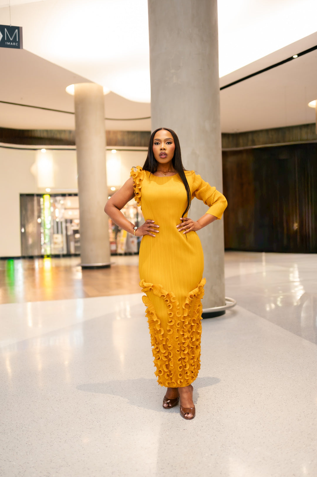 One Arm Ruffle Dress in Mustard