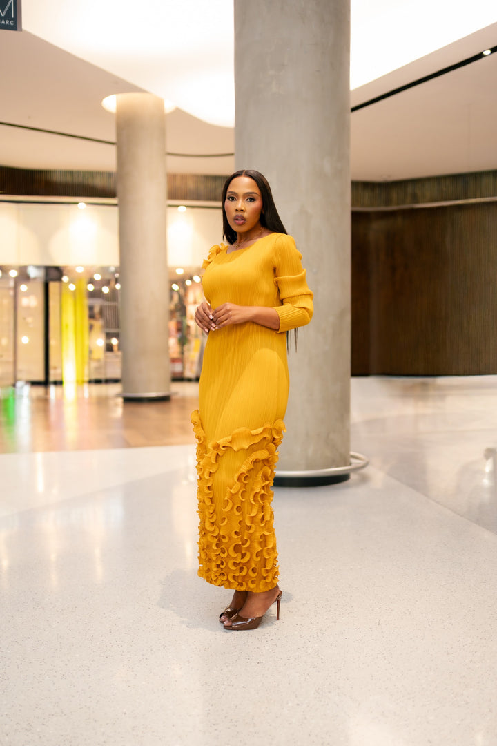 One Arm Ruffle Dress in Mustard