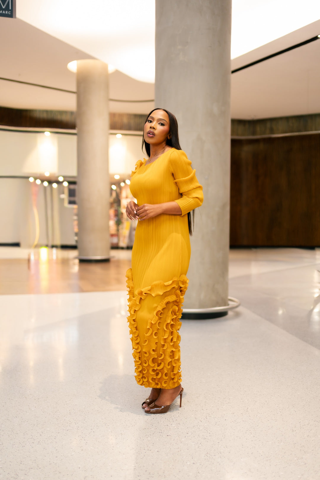 One Arm Ruffle Dress in Mustard