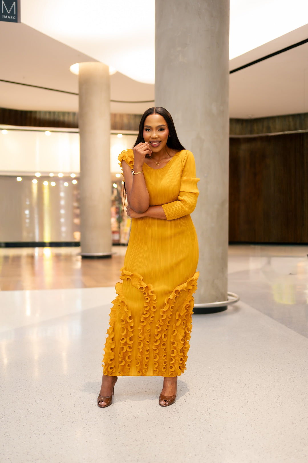 One Arm Ruffle Dress in Mustard