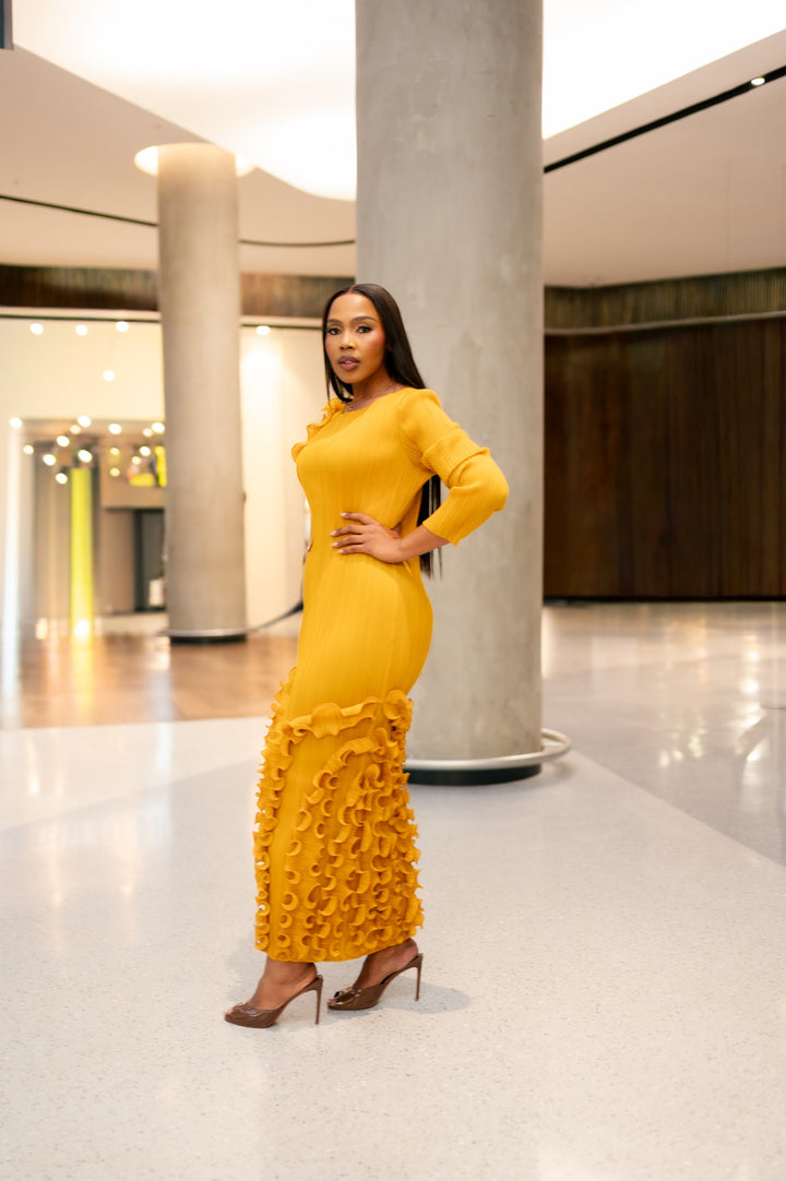 One Arm Ruffle Dress in Mustard