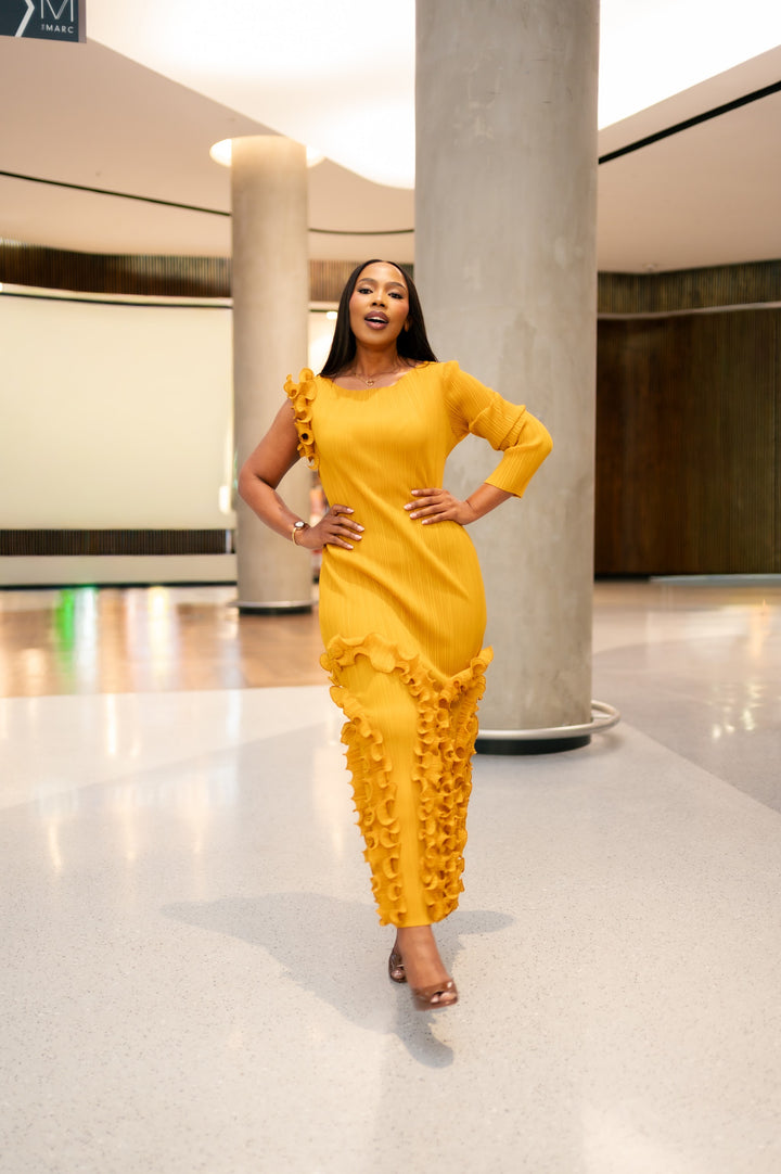 One Arm Ruffle Dress in Mustard