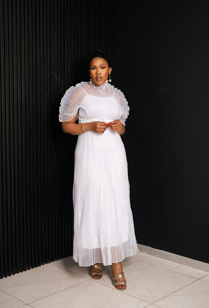 white chiffon pleat dress