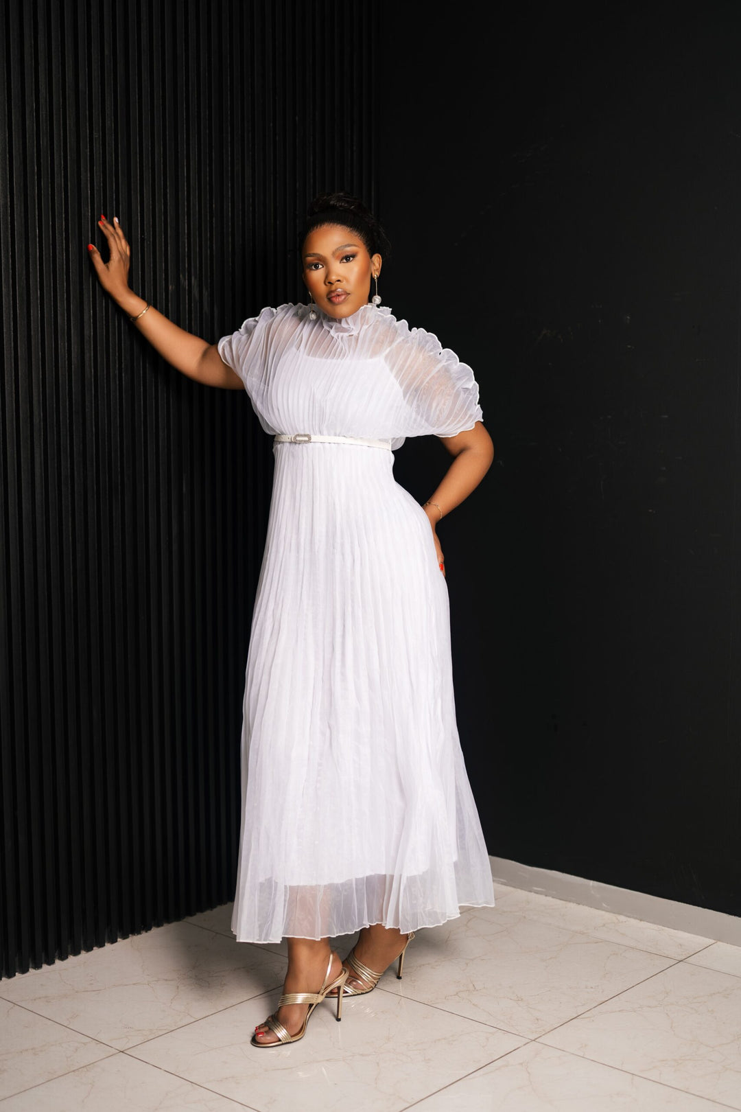 white chiffon pleat dress